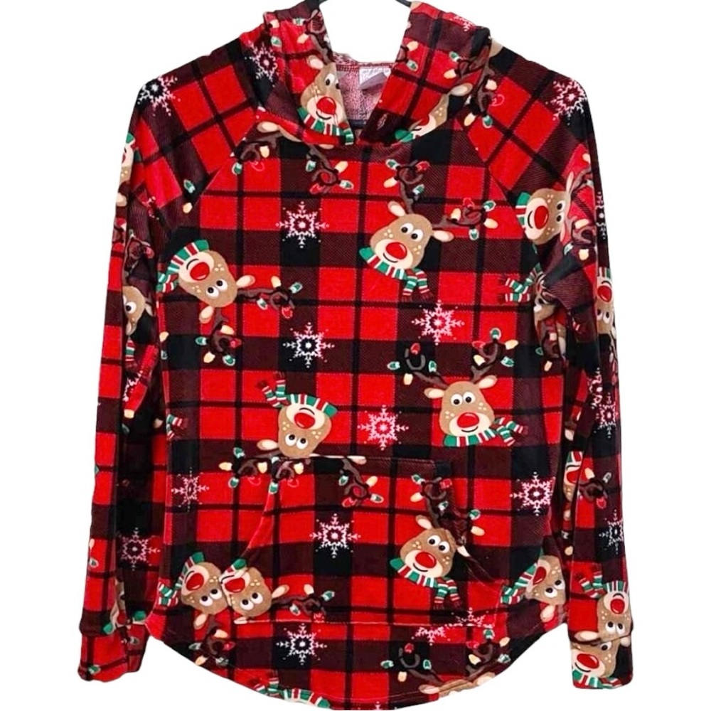 Red Buffalo Check Size XS Super Soft Velour Reindeer Christmas Hoodie